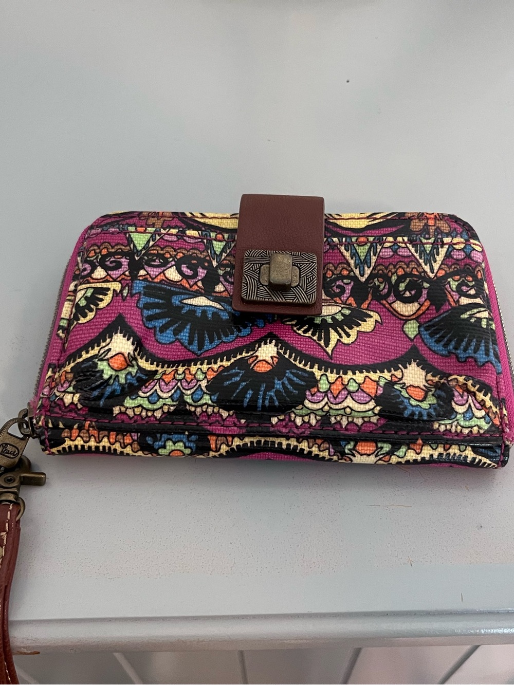 Sakroots Pink Multicolor Patterned Wallet with Brown Strap